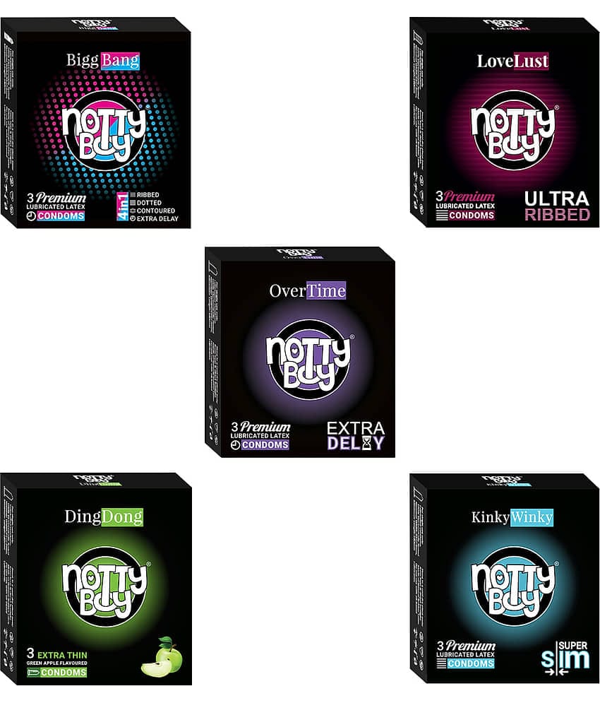 NottyBoy BiggBang 4in1 Dots Ribs Over Time, Ultra Ribbed, Extra Delay Extra Thin, Fruit Flavoured Condoms - (Sets of 5, 15Sheets)