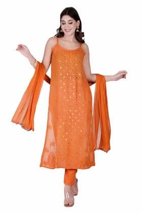 The Chikankari Story: Orange Viscose Chikankari Kurta Set with Bakhya Work & Ring Mukaish Dupatta - Lucknowi Kurta and Pant Ensemble-S