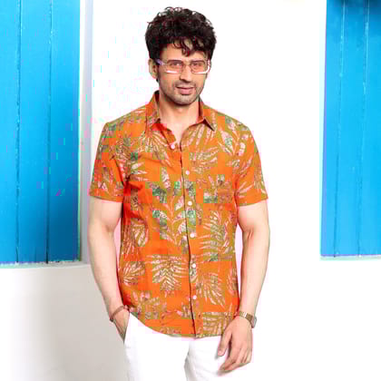 Tropical leaves Vivid Orange Casual Pure Linen Half Shirt (Size - S) by BLUE EAGLE