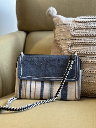 KRI India The Minimalist Mod Denim 3-way Sling Bag | Denim Blue & Ivory with stripes | 10x6 inches | Wash & Care | 100% Cotton | Handcrafted in India. 100% organic & natural. KRI India The Minimalist Mod Denim 3-way Sling Bag | Denim Blue & Ivory with stripes | 10x6 inches | Wash & Care | 100% Cotton | Handcrafted in India. 100% organic & natural.