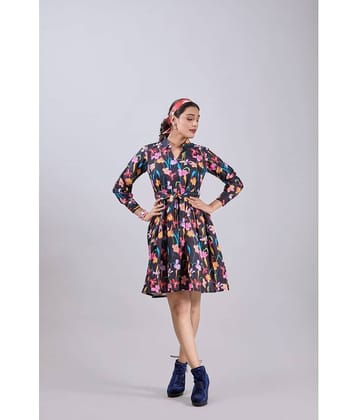Amarasha Women Crepe Printed Fit & Flare Dress ( Black )