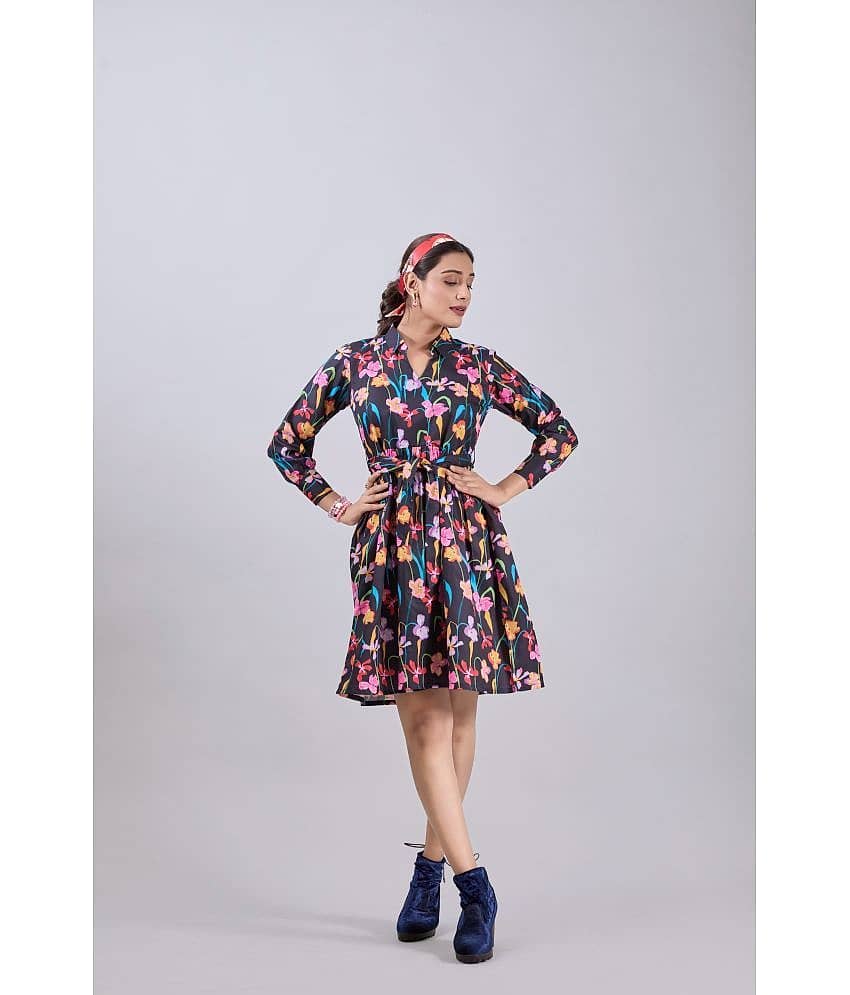 Amarasha Women Crepe Printed Fit & Flare Dress ( Black )