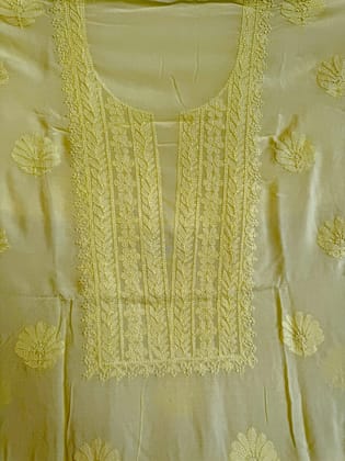 Modal Chikankari Unstitched Kurti Fabric - Lemon Yellow-White / Modal / Thread Work