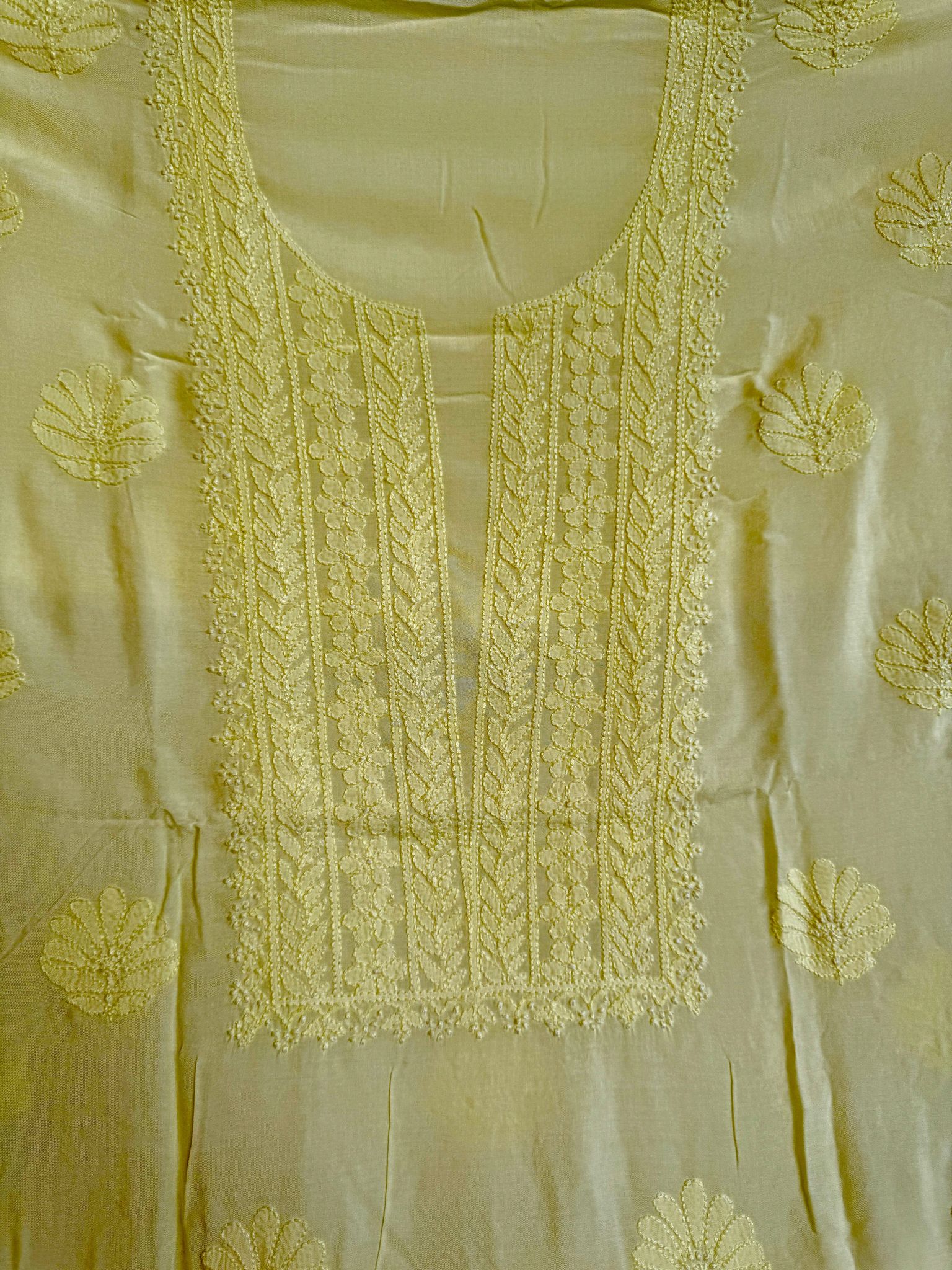 Modal Chikankari Unstitched Kurti Fabric - Lemon Yellow-White / Modal / Thread Work