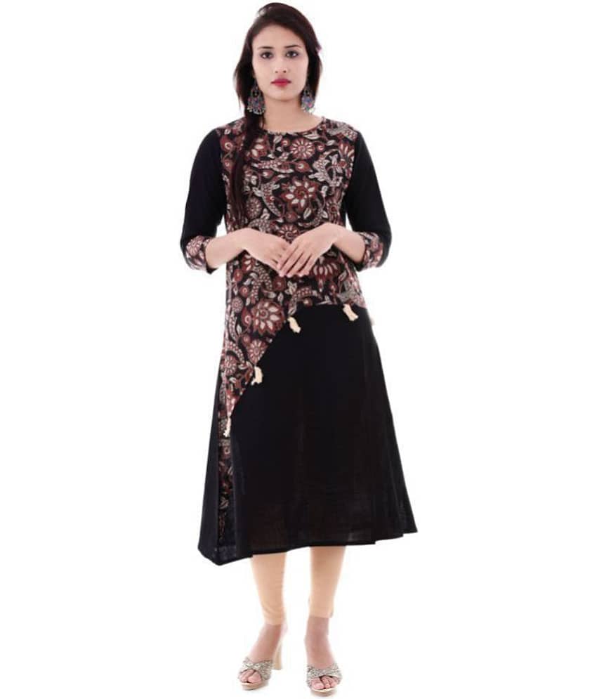Yash Gallery Pack of 1 Cotton Printed Double Layered Women's Kurti - ( Black )