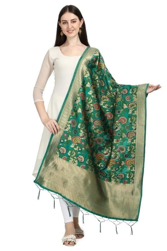Women's Silk Pure Zari weaving Duppatta (Green, Leangth: 2-2.3 Mtrs)-PID44940