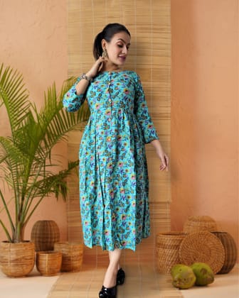 Nazakat Blockprinted Turquoise Blue Cotton Long Dress-36 (S)