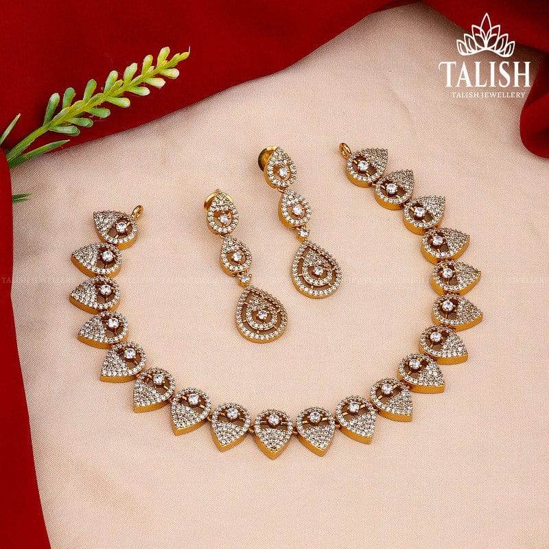 Gold-Plated Teardrop and Leaf Design Necklace Set with American Diamond Stones