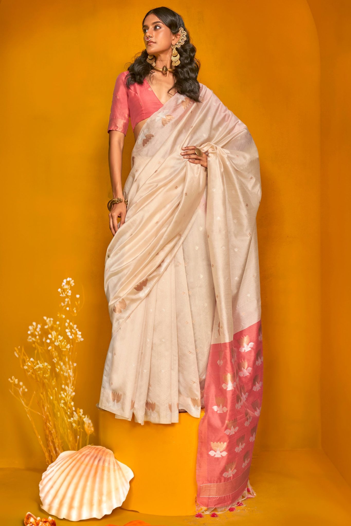 White Woven Tussar Silk Saree