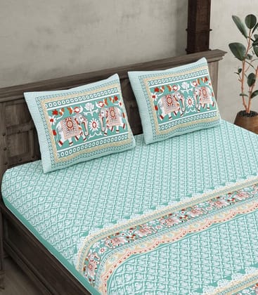 Premium Cotton Elephant Parade Design Double Bedsheet with 2 Pillow Covers