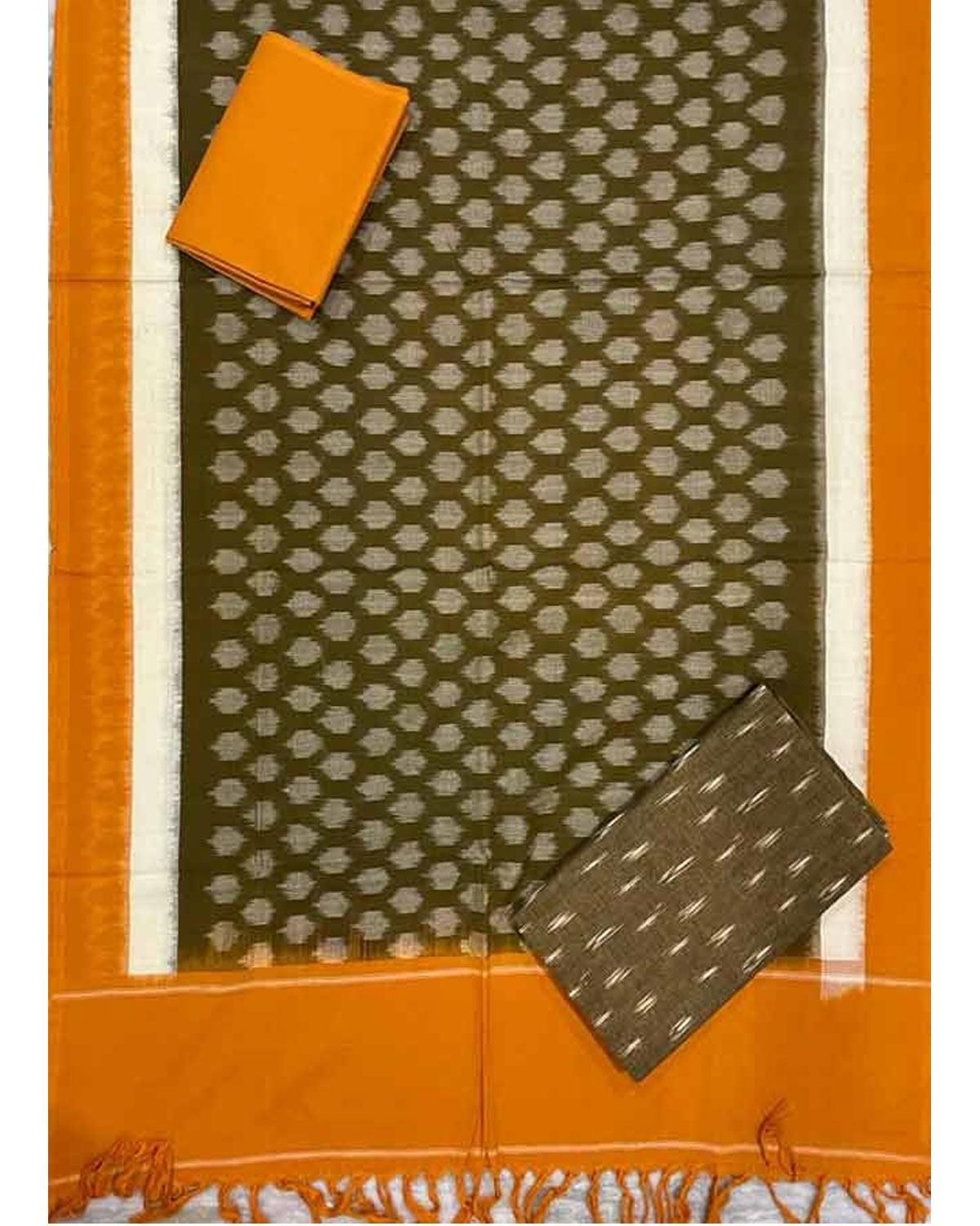 DOUBLE IKAT COTTON BROWN WITH YELLOW COLOR DRESS MATERIAL -C70