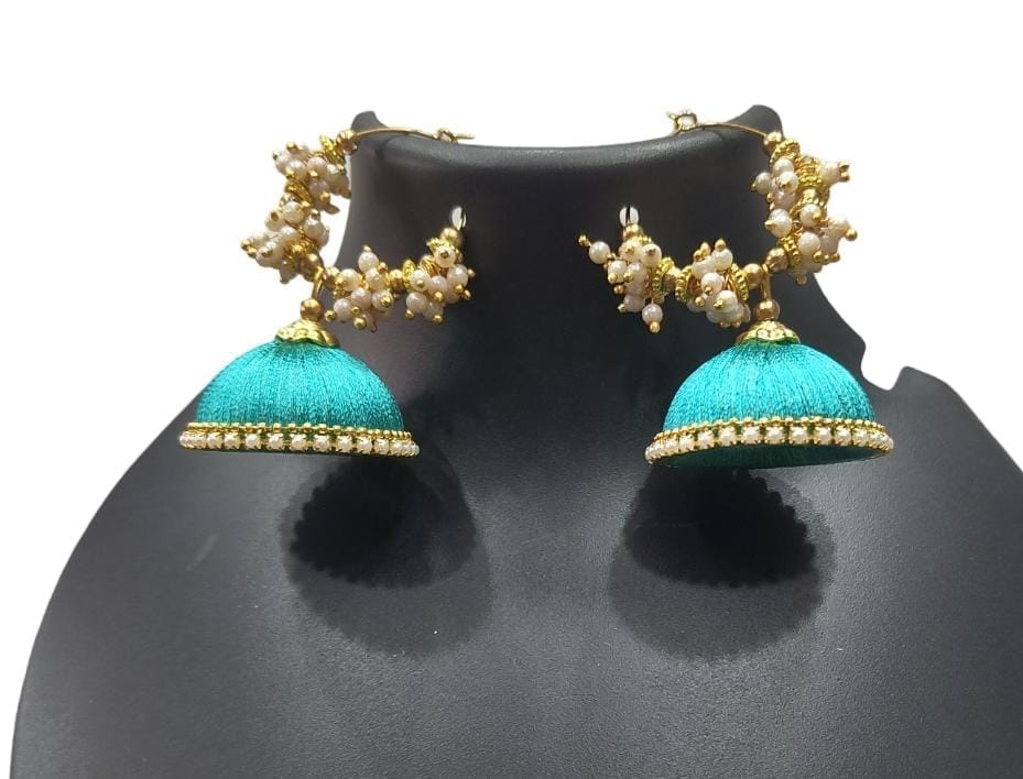 "Stunning Aqua Blue Silk Thread Jhumka Earrings with Pearl Beads for Women"
