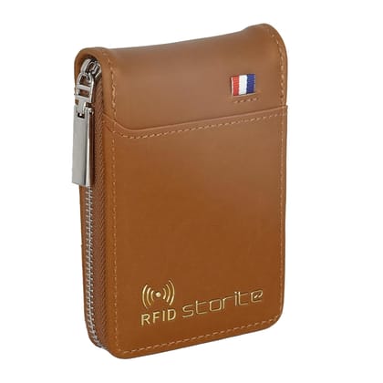 Storite Imported RFID PU Leather 9 Slot Vertical Credit Debit Card Holder Money Wallet Zipper Coin Purse for Men Women (Brown - 8 x 2 x 11.5 Cm)