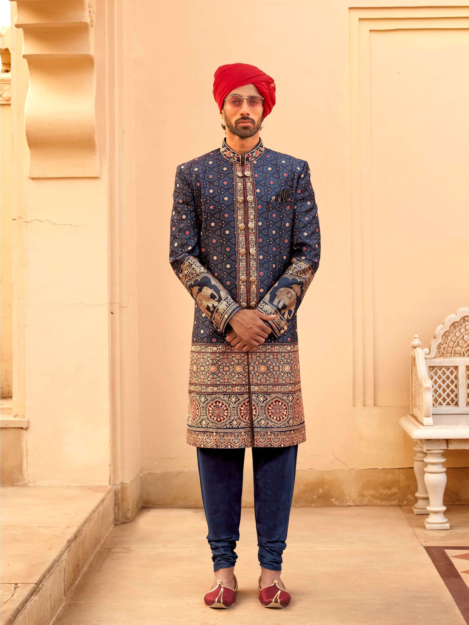 Navy Blue Printed silk Indowestern Kurta Set for Men