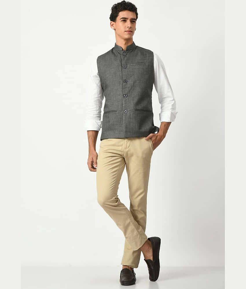 IndiWeaves Grey Cotton Blend Men's Nehru Jacket ( Pack of 1 )