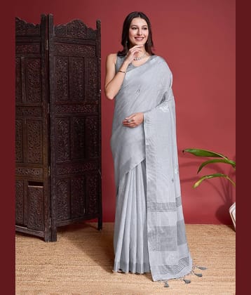 Rekha Maniyar Linen Embroidered Saree With Unstitched Blouse Piece ( Grey )