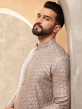 Men's Cotton Rayon Shiny Thread Sequinned Brown Only Long Kurta-36