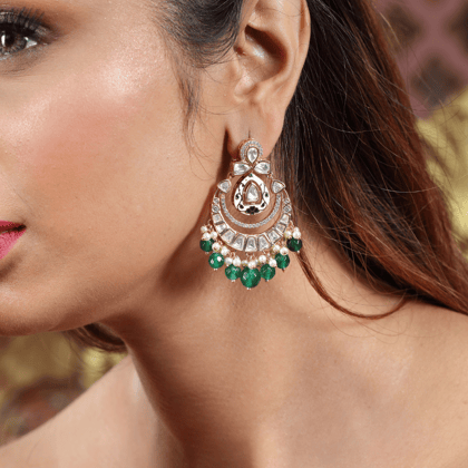 Statement  Meenakari Polki Ruby Chandbali Earrings with Pearl Drops