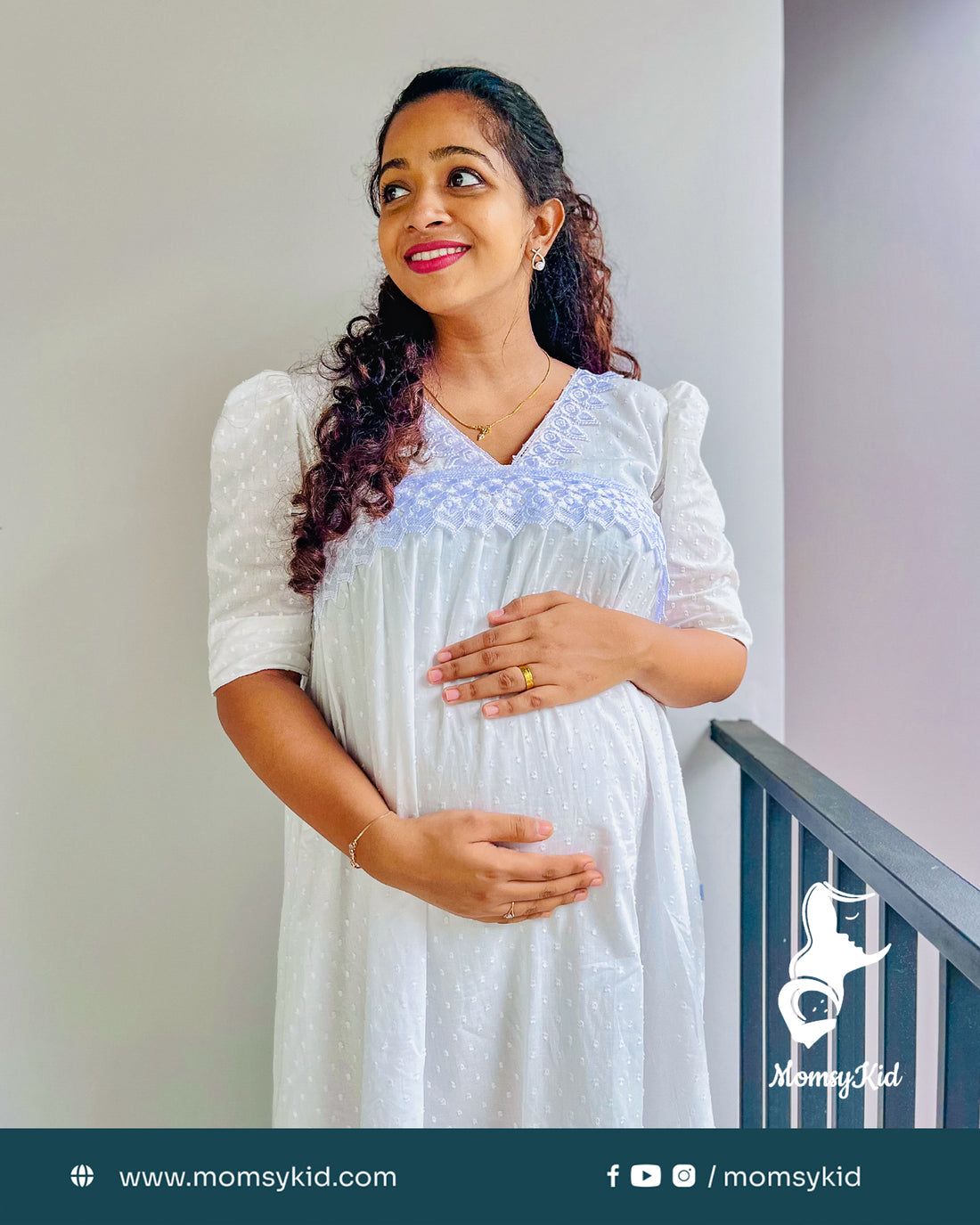 White Alia Cut Butta Cotton Midi Length Laced Dress as Maternity and Feeding Wear - Half Sleeve