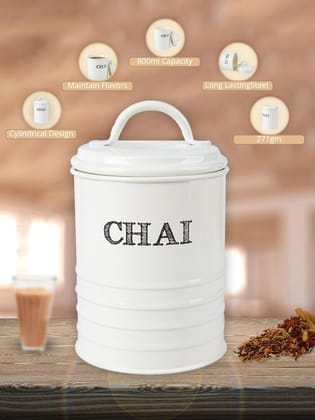 Mild Steel White Cylindrical Chai Jar (800 ML)