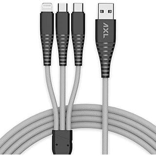 AXL Nylon Braided 3 in 1 Multifunction Charging Cable for Android iOS and Type C Devices with 3A High Speed Charging xe2x80x93 1.2 Meter (Grey).
