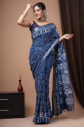 HAND BLOCK PRINTED COTTON LINEN SAREE WITH BLOUSE