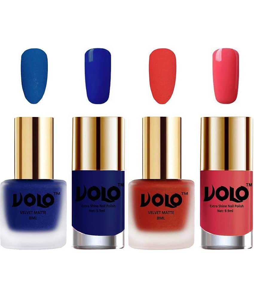 VOLO Extra Shine AND Dull Velvet Matte Nail Polish Blue,Coral,Blue, Pink Matte Pack of 4 36 mL