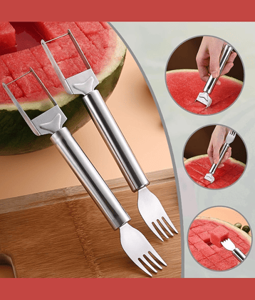 Watermelon Fork Cutter Slicer Tool, 2-in-1 Stainless Steel Fruit Cutter Melon Slicer Cutter Tool, Watermelon Cutting Tool for Home Party Camping Kitchen Gadget