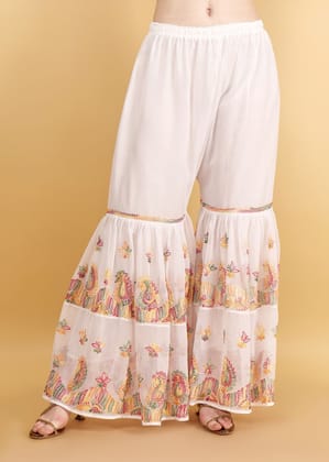 Hand Embroidered Georgette Multi Colored Chkankari Flared Sarara