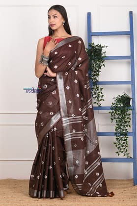 EXCLUSIVE! Handmade Tie and Dye Cotton Dark Brown Saree By Women Weavers