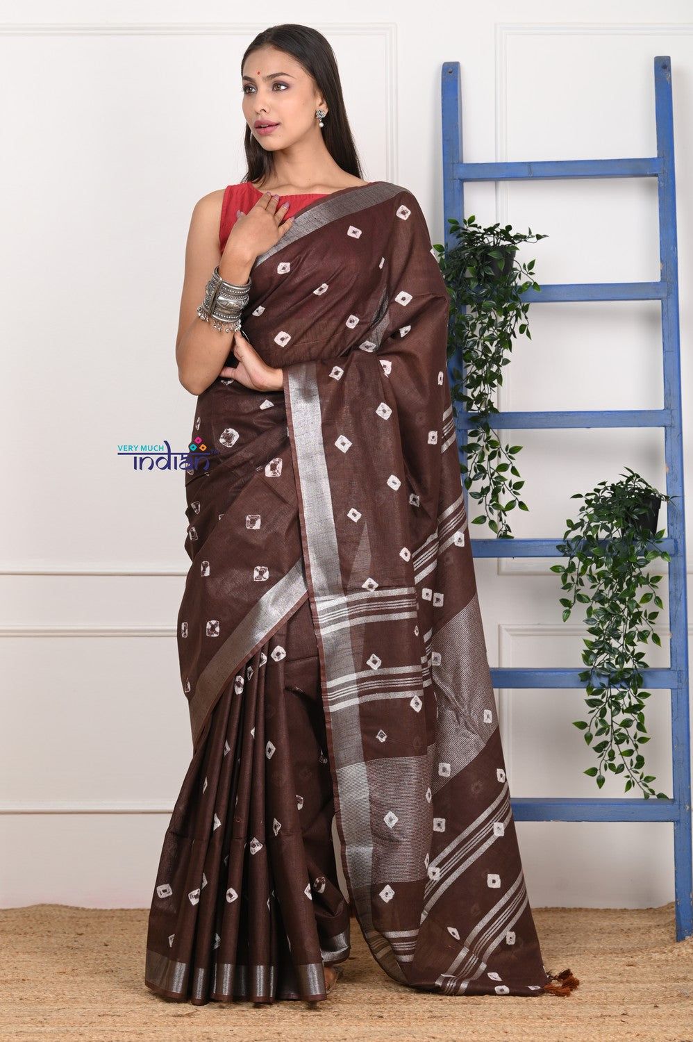 EXCLUSIVE! Handmade Tie and Dye Cotton Dark Brown Saree By Women Weavers