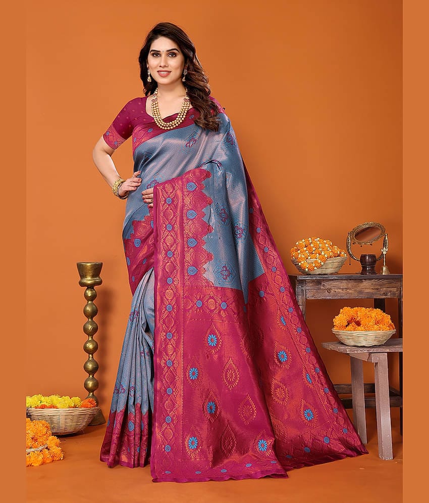 BLEESBURY Kanjivaram Woven Saree With Unstitched Blouse Piece ( Teal )