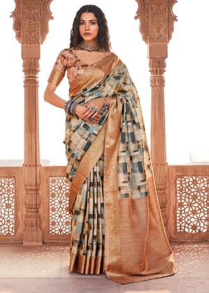Blue And Peach Banarasi Soft Silk Saree With Digital Print