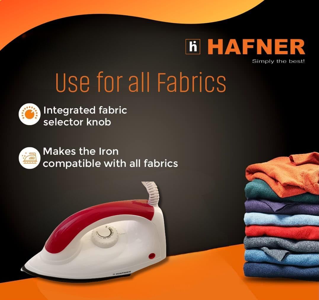 HAFNER Maeve 1000-watt Dry Iron With American Heritage Sole Plate, Aerodynamic Design, Easy Grip Temperature Knob & 2 years Warranty. (RED) Red