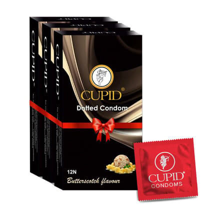 Cupid Dotted & Flavoured Condoms Butterscotch Flavour (Pack of 3) | Lubricated & Multitextured Condoms | For Her Enhanced Pleasure | Pack of 3, 20 Pcs Each