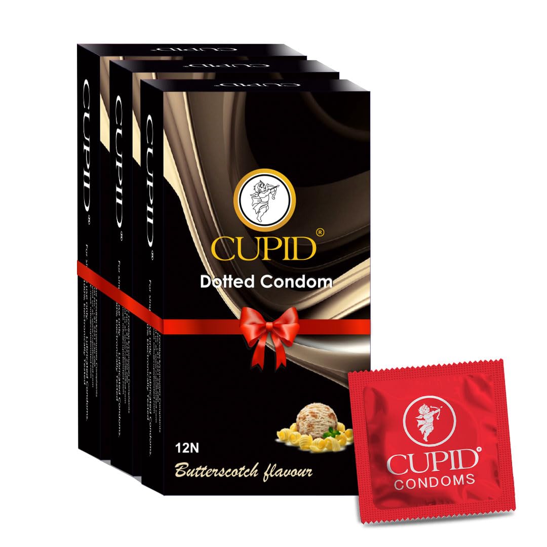 Cupid Dotted & Flavoured Condoms Butterscotch Flavour (Pack of 3) | Lubricated & Multitextured Condoms | For Her Enhanced Pleasure | Pack of 3, 20 Pcs Each