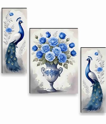 Livin'luxe Peacock and Blue Rose Vase Wall Art – 3 Panel Floral and Bird Painting in Elegant Watercolor Style for Living Room & Hall Décor 12 Inch x 20 Inch