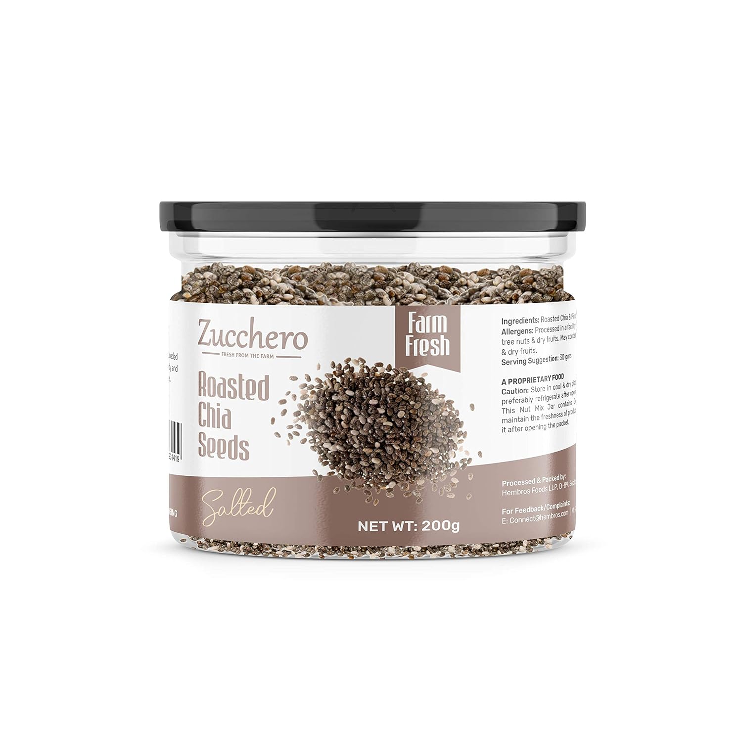 Zucchero Roasted Chia Seed, Lightly Salted, 200g - Tiny Powerhouse | Omega-3 | Weight-loss _ Dry Roasting | Oil-Free| Slow baked Seeds