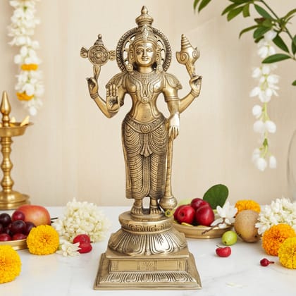 Brass Vishnu Ji God Idol Statue - Handcrafted Puja Decoration, Height : 17.5 Inch (BSMAS985 V)