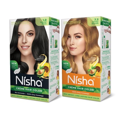 Nisha Creme Hair Color Combo, Pack of 2 Natural Black & Honey Blonde