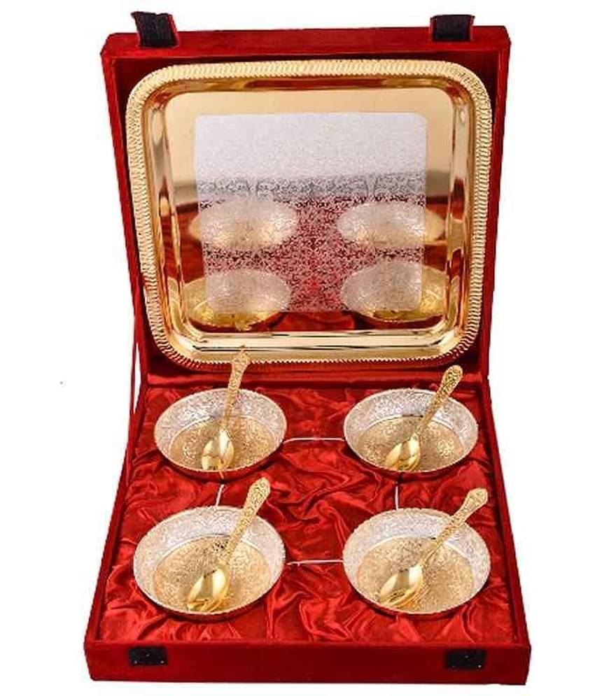 Urban hemlet Silver & Gold Plated 4 Heavy Flower Bowl With Spoon With Tray