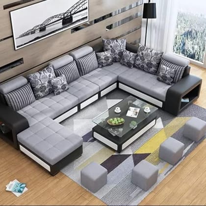 Starlet Furniture U Shape 9 Seater Fabric Sofa Set with Tea Table & 4 Puffy 9 (Gray and Black)
