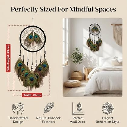 Handmade Peacock Feather Dream Catcher Wall Hanging - Wooden, Bedroom Living Room Decor, Positive Energy, Natural