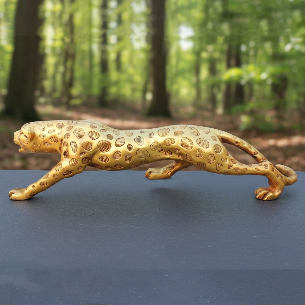 Brass Jaguar / Leopard Statue | Luxury Wildlife Home Decor, Height : 5.5 Inch (ANMAS266 G)