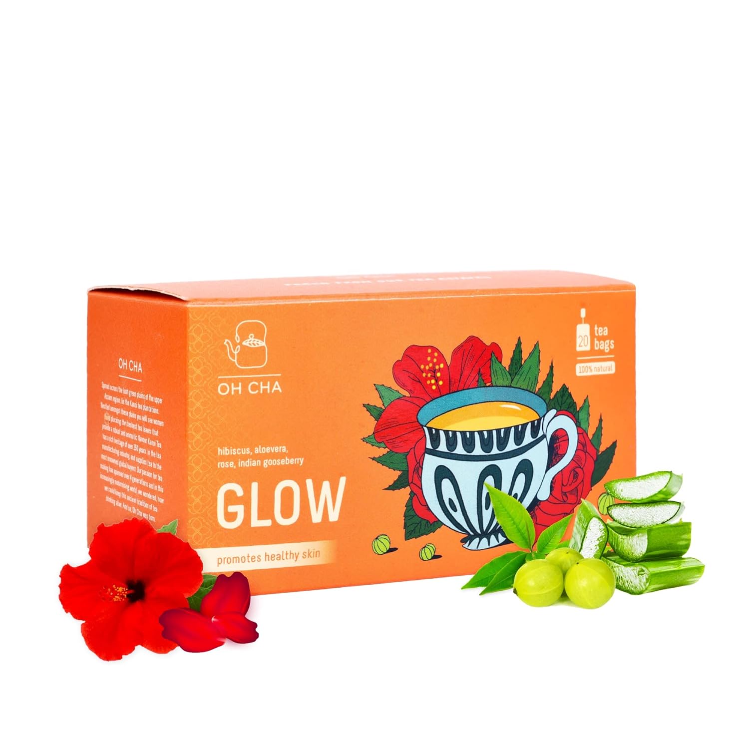 Oh Cha Skin Glow Tea | Green Tea for Weight Loss, Skin Care and Healthy Hair with Hibiscus, Rose, Indian gooseberry, Aloe Vera | Restores, Energizes and Soothes, 40 gm - 20 Bags