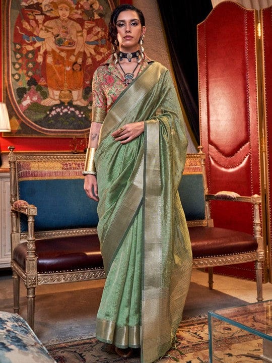 Olive Green Woven Moss Chiffon Handloom Weaving Silk Saree