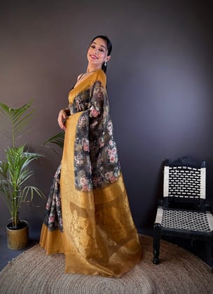 Grey Soft Silk Floral Motifs Zari Weaving Work Banarasi Saree
