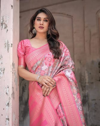 Exquisite Pink and Silver Banarasi Silk Floral Saree with Tassels-Regular