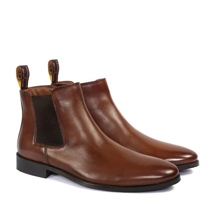 Hand Made Chelsea Boots With Side Zip in Brown Leather For Men By Brune & Bareskin-40/6