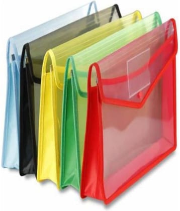 FSN-Plastic Envelope Folder,Transparent Poly-Plastic A4 Documents File Storage Bag With Snap Button (Pack of 5)